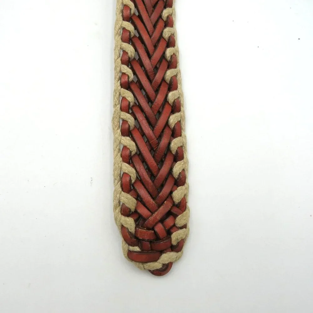 Woven Belt Womens Sz Medium Braided Genuine Leather Cotton Tan Brown Boho Hippie